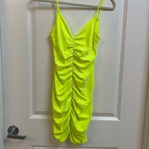 Blue Blush Neon Yellow Ruched Bodycon Mini Dress Size S